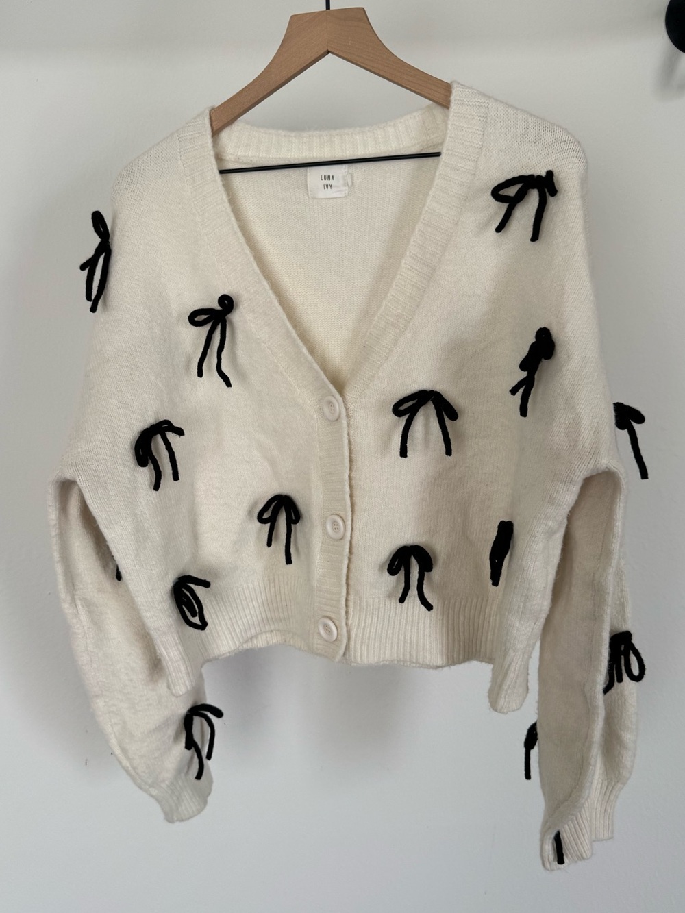 Luna Ivory Knit Cardigan with Black Bow Accents Large